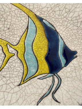ASSIETTE MURALE AVEC POISSON JAUNE ET BLEU