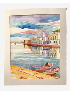 TABLEAU VIEUX PORT BIZERTE AQUARELLE