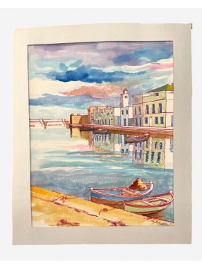 TABLEAU VIEUX PORT BIZERTE AQUARELLE