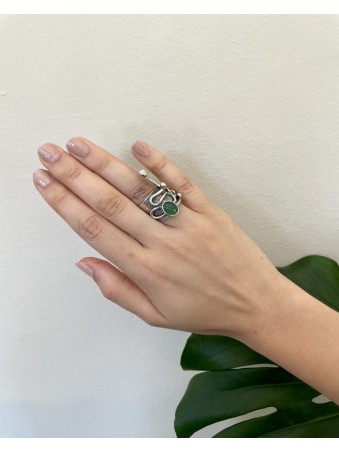 BAGUE FORME GEOMETRIQUE PIERRE VERTE RONDE