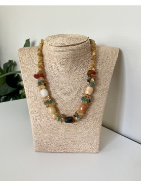 COLLIER VINTAGE PIERRE JAUNE/JAD/AGATE/CITRINE