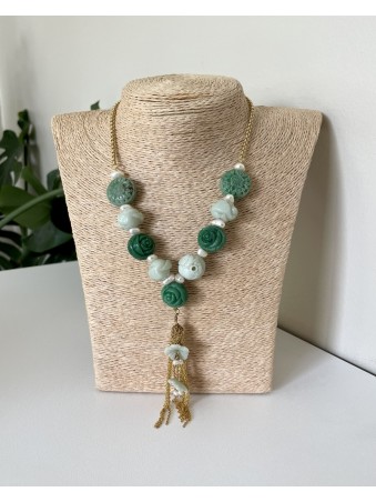 COLLIER FANTAISIE FLEUR VERT JADÉITE
