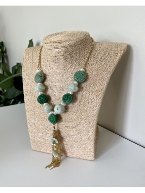 COLLIER FANTAISIE FLEUR VERT JADÉITE