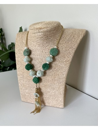 COLLIER FANTAISIE FLEUR VERT JADÉITE