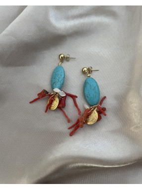 BOUCLES D'OREILLES TURQUOISE&CORAIL